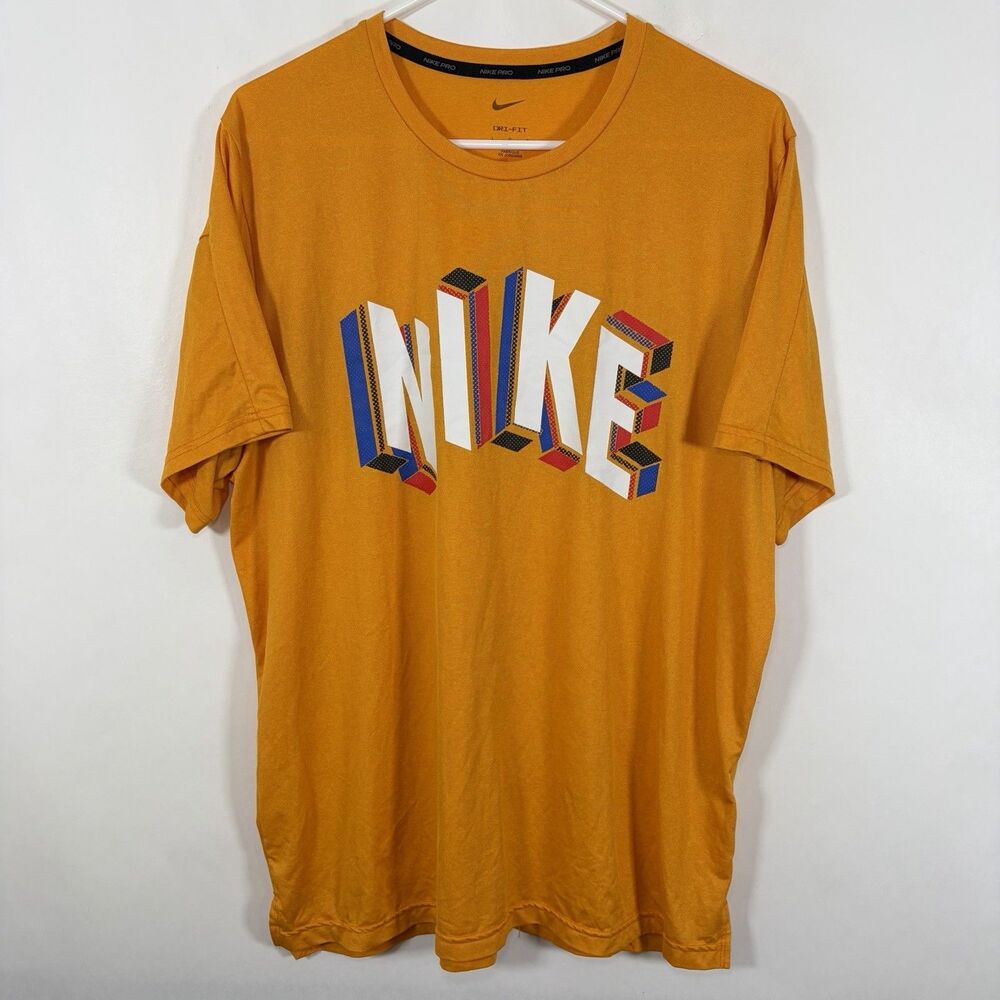 Nike Pro T Shirt Mens Large Yellow Graphic Spellout Short Sleeve Gym Training